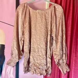 Umgee Unironed Dusty Rose Satin Baroque Blouse Long Bishop Sleeve Women’s Medium